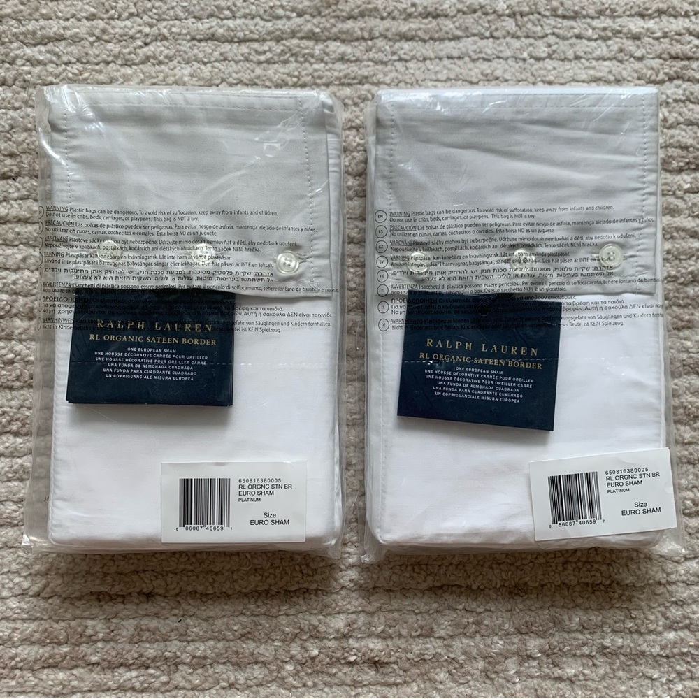 Ralph Lauren Organic Cotton Sateen Border White Euro Shams 100% Cotton NWT